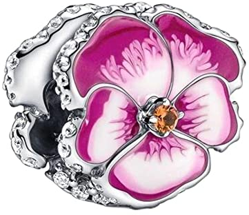 BEEUVIP Damen Rosa Stiefmütterchenblume Charm Anhänger für Armband 925 Sterling Silber Geburtsstein Charms Beads passend für Armband