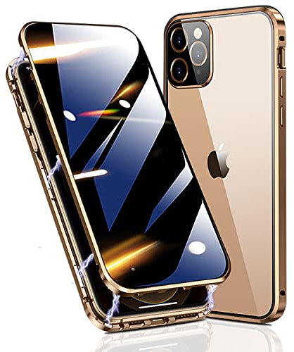 OMGZONE Case for iPhone 13 Pro Max Anti Peep Magnetic Cover,Screen Protector built-in Privacy Tempered Glass Full Cover with Camera Protector,360 Degree Metal Bumper Case for iPhone 13 Pro Max,Gold