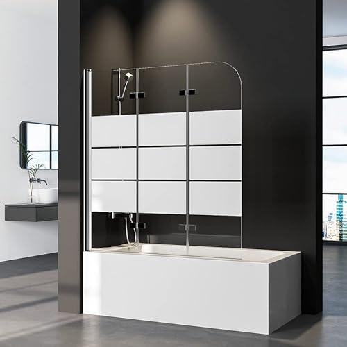 Duschwand für Badewanne 3-teilig Faltbar 120x140 cm, Glas Klappbar Badewannenaufsatz mit Weiß Gestreift, Duschabtrennung für Badewanne aus 6mm Sicherheitsglas (ESG), Badewannenfaltwand