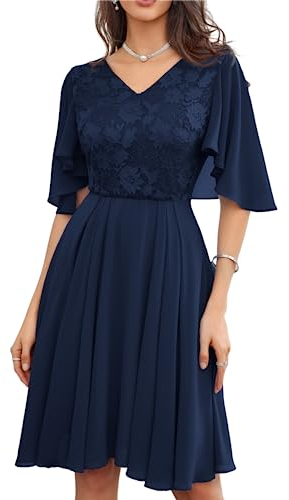 Damen Cape-Ärmel Chiffon Abendkleid Elegant Leicht Hochzeitkleid Festlich Knielang A-Line Design Spitzenkleid Klassisch Marineblau 48