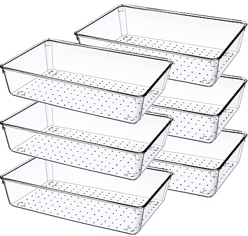 Giklux 6 Piezas Organizador Cajones Cocina Baño Transparente,Organizadores de Cajones Plastico Grande,Organizador Cajon Escritorio para Cubiertos,Maquillaje,Tocador,Armario,Joyas Bandejas de Cajones