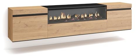 Skraut Home | TV-Schrank, Lowboard | für Wohnzimmer und Esszimmer | 200x45x35cm | Für TV-Geräte bis zu 80 | Elektrokamin. Maße | Hängend | Moderner Stil | Eiche Schwarz