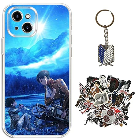 Staremeplz Attack -on Titan Hülle für iPhone 13 Mini Anime Handyhülle [Mit Schlüsselbund und 50pcs Aufkleber] Cartoons Transparent Silikon Case Hülle für iPhone 13 Mini