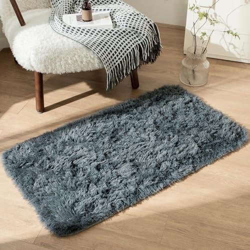 OMERAI Wohnzimmer Grau Teppich Shaggy Waschbar Batik Carpet Flauschig Hochflor Schlafzimmer Antirutsch (Grau, 60x110cm)