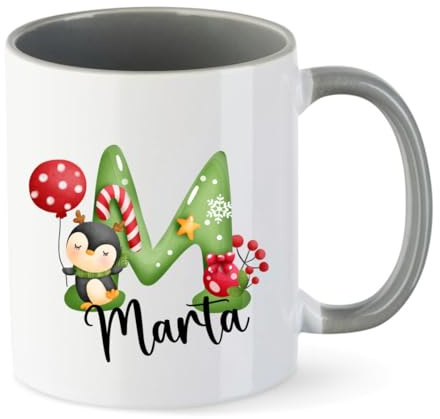 minimutz Weihnachtstasse Kinder mit Name personalisiert | Tasse Trinkbecher Kaffeetasse Keramik Mädchen Jungen | Teetasse Weinachtsalphabet ABC (grau)