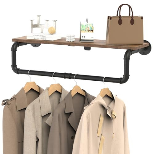 YheenLf Kleiderstange mit Ablage Wand, Kleiderstange Wandmontage 50 kg Traglas, Offener Kleiderschrank, Gaderobenstange für Schlafzimmer Badezimmer Indoor, Schwarz