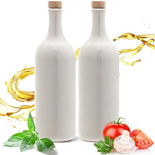 Essig & Öl Steinzeug - Flasche mit Ausgießer, 2er Geschenkeset für Feinschmecker Handgefertigt und Einzigartig im Design Made in Germany Authentisch chic und zeitlos (2x 750ml, weiß)