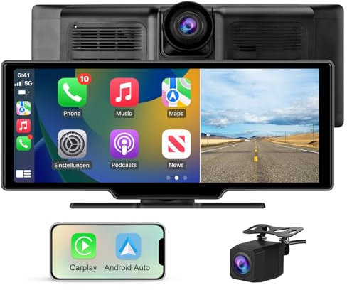 AWESAFE Pantalla Táctil de 10.26 Pulgadas para Coche con CarPlay/Android Auto Inalámbrico, Pantalla Portátil con Dashcam 4K Frontal/Cámara Trasera de HD 1080P/Control por Voz/Bluetooth/Mirror Link