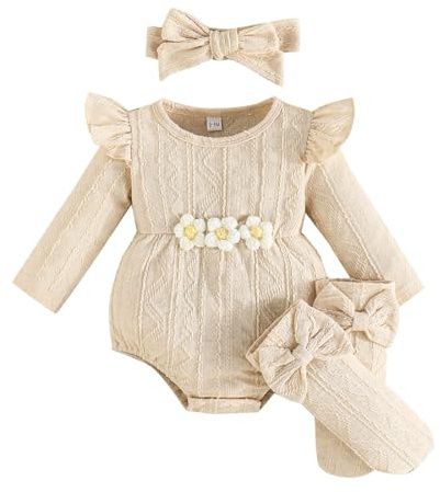 Kunyeah 3 st baby flicka kläder småbarn ruffle sparkdräkt långärmad bodysuit båge hårband strumpor nyfödd blomma jumpsuit
