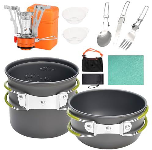 Herbst Ensemble de vaisselle de camping 11 pièces avec mini réchaud de camping, réchaud à gaz pliable et couverts pliables, chiffons de nettoyage pour l'extérieur, pique-nique et randonnée