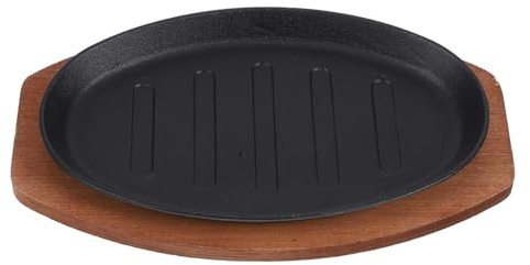 Plato 1 Juego Parrilla de Hierro Fundido Base de Madera | Parrilla Hierro Fundido, Plancha Hierro Fundido, Fácil de Limpiar y Resistente, Estilo Simple y Elegante