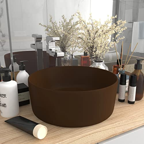 Generico Lavandino Lusso Rotondo Marrone Scuro Opaco 40x15cm in Ceramica,Lavandini Bagno