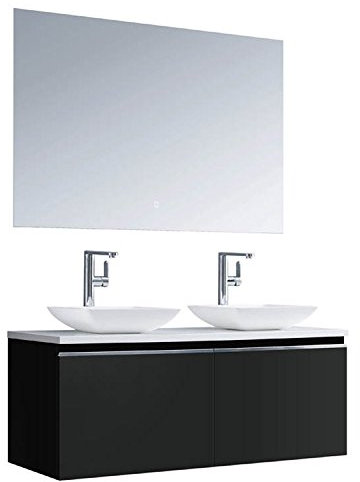 StoneArt Badmöbel-Set Mineralguss Waschbecken Waschschale Aufsatzwaschbecken und Unterschrank und LED Spiegel Touch-Sensor Waschtisch Milano ME-1200pro-2 dunkelgrau 120cm