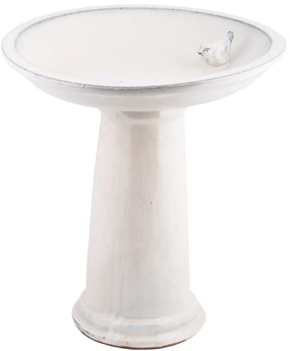 Esschert Design Vogeltränke auf Fuß, für Wildvögel, Keramik, Ø 42 x H47 cm, mit Vogelfigur, Gartendekoration, Creme