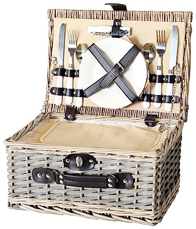 B&B PICKNICKKORB Weide grau Weiss Creme 14 TLG. Kühlbox Besteck Geschirr Teller Gläser