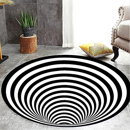 Waschbarer teppich wohnzimmer rund 3d teppich optische täuschung Schwarz-weißer Vortex Illusion Teppich Fußmatten Rutschfester 3D-Trap-Effekt Teppich für Schlafzimmer Arbeitszimmer,100cm/39 inch