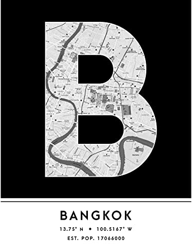 Wee Blue Coo Bangkok Thailand Stadtplan Schwarz & Weiß Ungerahmter großer Druck 46x61 cm