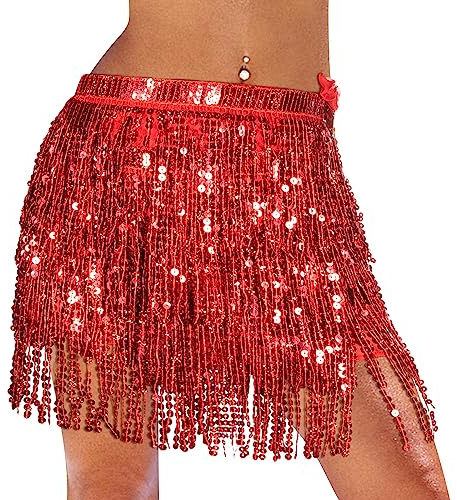 Monbessi Glitzer Rock Damen Pailletten Rock Stilvoll GlitzerRock Karneval FransenRock (Rot)