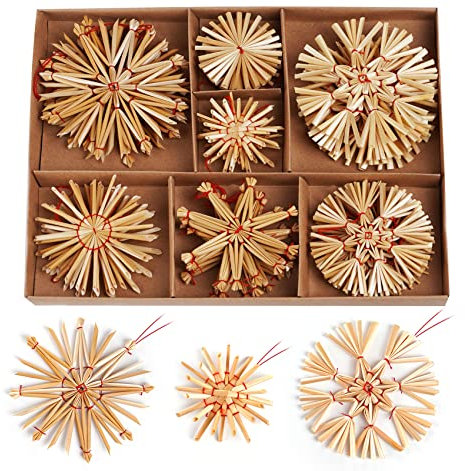 HOUISM 45-teiliges Strohsterne Set, Schneeflocke Christbaumanhänger aus Stroh, Strohsterne Baumschmuck Weihnachtsdekoration - 6cm