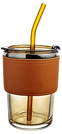 A.W 16 fl.oz Glass Water Cup with Lid Straw Leather Protective Sleeve, Wide Mouth Smoothies Mug Sealed Carry on, Glass Coffee Tumblers Leakproof Insulated for Juices Cocktail Drinks Iced Hot (Amber)