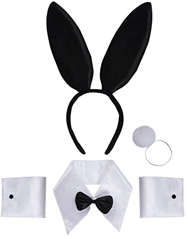 baotongle Bunny Kostüm Set Ostern Hasenohren Stirnband Kragen Fliege Kostüm Stirnband Fliege Manschetten Schwanz für Cosplay Party Halloween