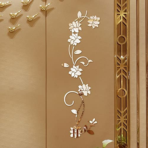 Spiegel Wandaufkleber, 3D Rattan Blume Aufkleber für Wand Tür Wohnzimmer Schlafzimmer Aufkleber DIY Dekor Wohnzimmer Dekoration (Silber)