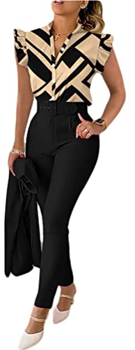 shownicer Anzug Damen Elegant 3 Teiler Sommer Drucken Rüschenärmel Hemd Bluse Und Hosen Und Gürtel Set Bussiness Outfit Hosenanzug Slim Fit Streetwear Anzüge Kombi A Khaki M