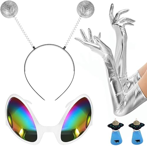 Alien Kostüm Set Glitzer, Bopper Stirnband Silber Lange Handschuhe Schwarze Acryl UFO Ohrringe Verkleidung, Erwachsene Kostüm Zubehör für Damen