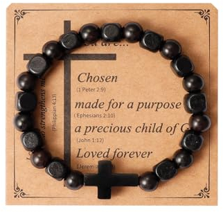 Eigso Schwarz Holzperlen Armband Ostern Geschenk für Männer Matt Onyx Perlen Christlich Kreuz Armband für Ehemann Frau