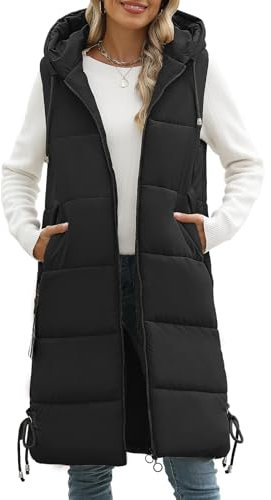 Vancavoo Lange Jacke Weste für Damen Ärmellose Steppweste mit kapuze Daunenweste Übergangsweste Winterjacke Longweste Leichte Warm Gesteppt Winterweste Mänte,Schwarz,L