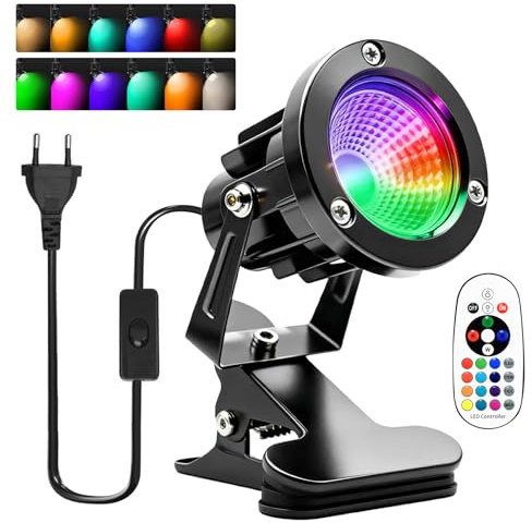 PORFOYO LED Spot Klemmstrahler, 6W RGB LED Klemmspot mit Fernbedienung, Strahler Klemmstrahler mit Stecker und Schalter, Schreibtischlampe, 4 Modi 16 Farbtöne, Wasserfester Klemmlampe für Innen Außen