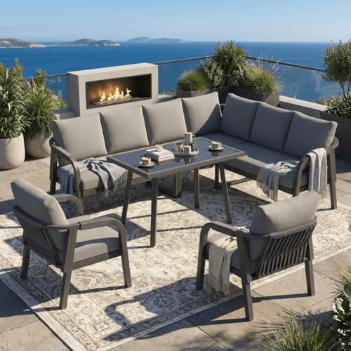 Merax Gartenmöbel Set für 8 Personen, Gartenlounge Ecksofa mit Esstisch & 2 Sesseln, Outdoor Sitzgruppe mit Glasplatte, geflochtene Arm- & Rückenlehnen, verzinkter Stahlrahmen, Grau