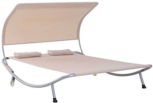 Outsunny Bain de Soleil 2 Places lit de Jardin Design Contemporain Toit réglable 2 roulettes 2 oreillers Acier époxy Polyester Sable