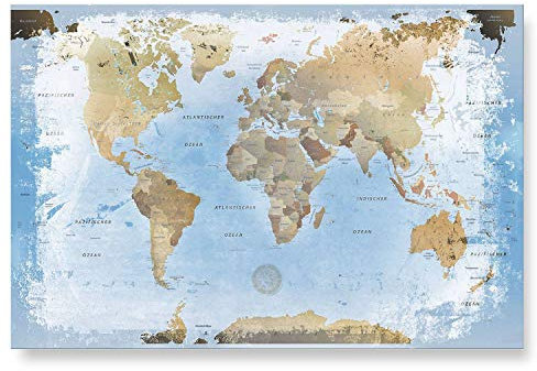 LANA KK – Weltkarte Glasbild „Weltkarte Ice” edler Glas-Kunstdruck hinter 4 mm starkem geschliffenem Glas in blau, einteilig in 100x70cm
