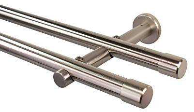 iso-design Gardinenstange 2-läufig 20 mm Farbe Edelstahl, Rohr aus Edelstahl, Wandmontage, Vorhangstange aus Metall, mit Wandhaltern und Endstück Kappe, 180 cm