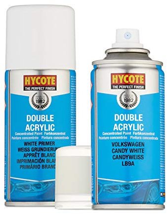 Hycote Double Acrylic VW Candy White Spray Paint 150ml + White Primer Kit