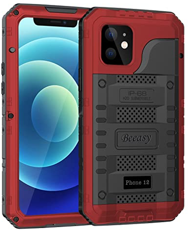 Beeasy Case for iPhone 12 Shockproof Waterproof Heavy Duty Protective,Military Full Body Tough Case Built in Screen Protector,Metal Hard Armour Phone Case for iPhone 12 6.1,Red