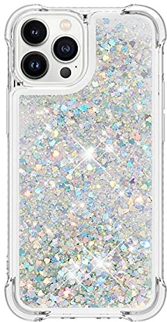 Lvnarery For iPhone 13 Pro Max Case,Clear Liquid Glitter Case Air-Cushion Drop Resistant Bling Shiny Sparkle Flowing Shockproof Soft TPU Bumper Shell Slim Cover,Silver Star