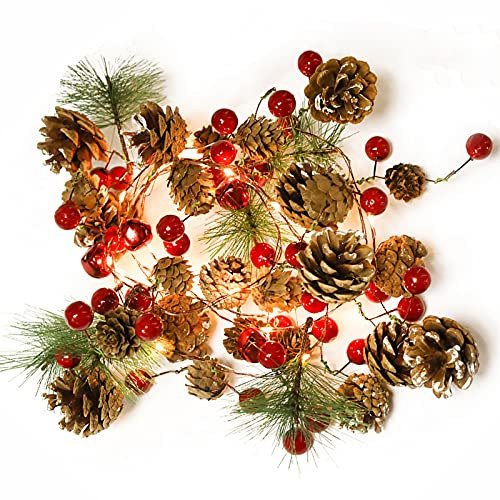 Beerengirlande, Tannengirlande mit Lichterkette, Girlande Weihnachten Beleuchtet, Kranz Weihnachten mit Beleuchtung, Stechpalme Tannenzapfen Rote Beeren Kiefernnadel Treppe Kamin Tischdekoration (E)