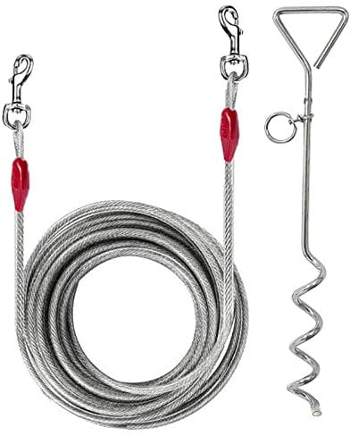30ft (9m) Dog Tie Out Cable with 16 (40cm) Heavy Duty Steel Spiral Ground Spike Stake Dog Chains for Outside Tether, Camping Lead Hook Leash (9 metre)