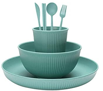Cross-Border Vertical Grain Wheat Straw Bowl Cup and Plate Set for Home Dining Portable Knife, Fork Spoon Chopsticks Couple Gift Tableware Dark Green