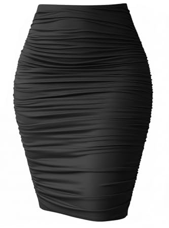 eoeoo Women's Elastic High Waist Ruched Bodycon Stretch Elegant Pencil Midi Skirt Black Medium
