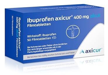 Ibuprofen axicur 400 mg akut Filmtabletten, bei Schmerzen und Fieber, entzündungshemmend, Linderung von Kopfschmerzen, Zahnschmerzen, Regelschmerzen und Fieber, 50 Stk