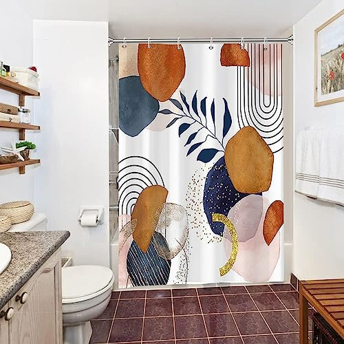 Uiiooazy Rideau Douche Abstrait, Rideau de Douche Anti Moisissure 150x200cm Terracotta Géométrique Feuilles Bleu Rideaux de Baignoire Tissu Lavable Imperméable Rideaux Salle de Bain avec 10 Crochets