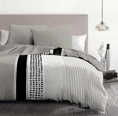 Home Linge Passion Parure de Couette 240x260 Mimosa Noir– Housse imprimée + taie – Douce, légère et Facile d'entretien – Motifs Modernes