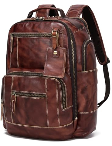LANNSYNE Vintage Genuine Leather Backpack for Men, 15.6 Laptop Backpack Camping Travel 24L Rucksack, Coffee, L, Men's Leather Backpack Fits 16 Laptop