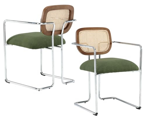 Wahson Esszimmerstühle 2er Set Leinen Küchenstuhl Rattan geflochtene Rückenlehne, Akzentstuhl mit Metallbeine Vintage Polsterstuhl für Esszimmer/Küche/Wohnzimmer,Grün