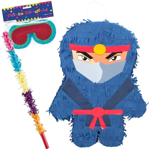 Pinata * NINJA + SCHLAGSTOCK + MASKE * als Spiel und Deko für Kindergeburtstag und Mottoparty | Größe: 45x34x10cm | Kompatibel zu Ninjago Geburtstag | Pinatas Kinder Party