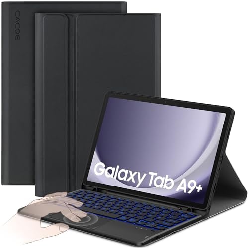 CACOE Hülle Tastatur Kompatibel mit Samsung Galaxy Tab А9 Plus 2023 11 Zoll mit Touchpad, 7-Farbige Beleuchtung Abnehmbare Kabellose Tastatur für Samsung Galaxy Tab А9 Plus, Schwarz