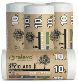 Relevo 100% Reciclado Bolsas Basura Perfumadas, con autocierre, extra resistentes 10 L, 60 bolsas